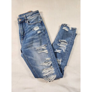 Sz 2 American Eagle Heavily Distressed Mom Jeans Medium Wash Womens Size Two AEO